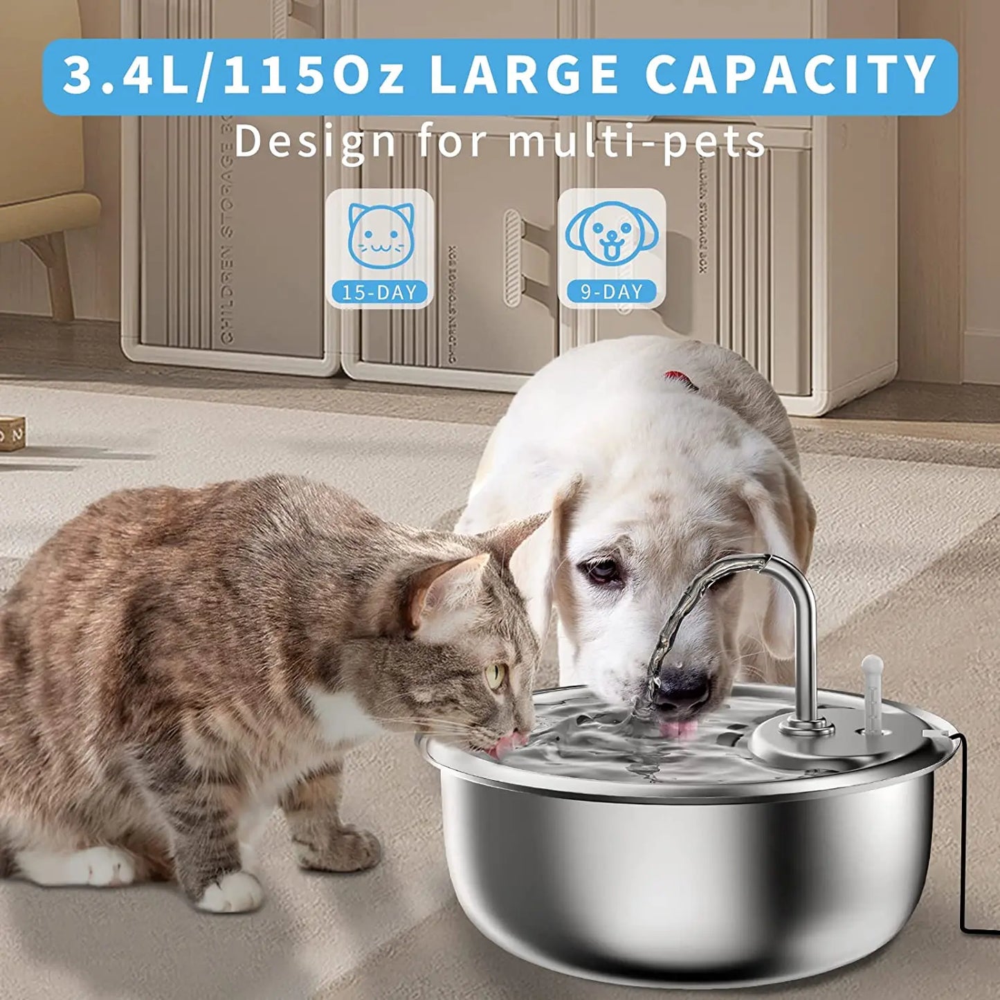 Pet Automatic Water Fountain 3.4L Large Capacity Stainless